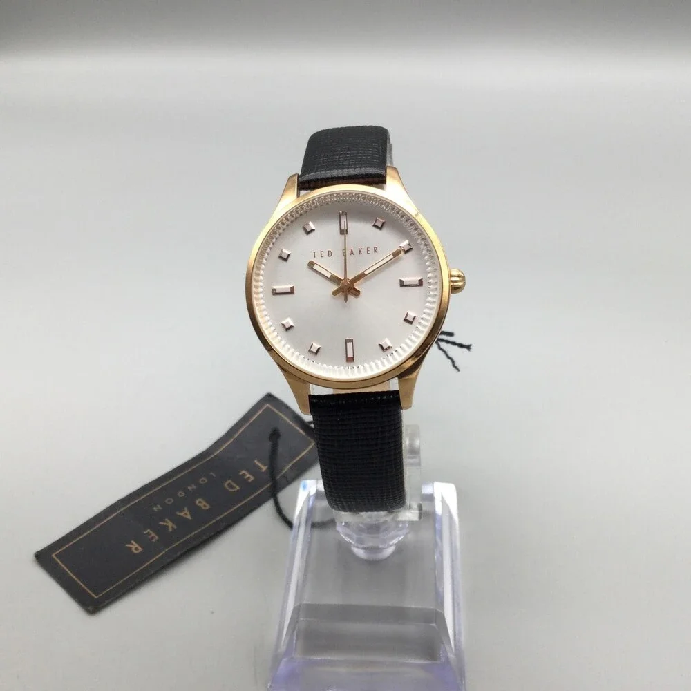 Ted Baker Womens Watch 32mm White Dial Rose Gold Tone Black Leather New Battery
